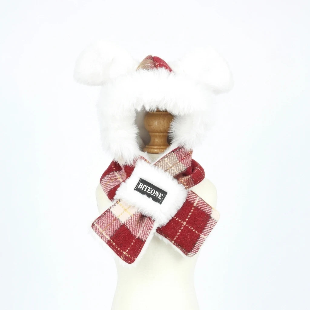 Golden Red Plaid Pet Hooded Scarf